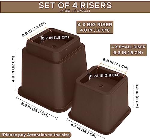 Utopia Bedding Adjustable Bed Furniture Risers - Elevation in Heights 3, 5 or 8 Inch Heavy Duty Risers for Beds and Under Bed Storage - Supports up to 1,300 lbs - (Set of 8 Riser, Brown)