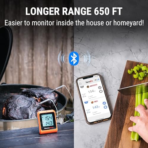 ThermoPro 650 ft Wireless Meat Thermometer Digital for Grilling and Smoking, 2 Probes Bluetooth Meat Thermometer for Cooking Turkey Fish Beef, Rechargeable Smoker Accessories for BBQ Oven