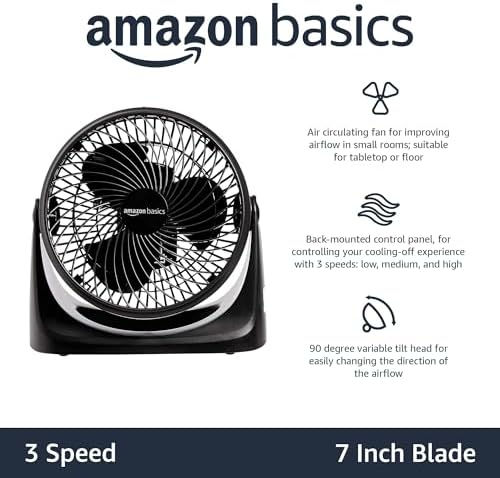 Amazon Basics Air Circulator Fan, Desk Fan for Bedroom, Home and Office, With 90-Degree Tilt Head, 3 Speed Settings, Lightweight (3 LBS), 35 Watts, Black, 11.1"W x 6.3"D x 10.9"H