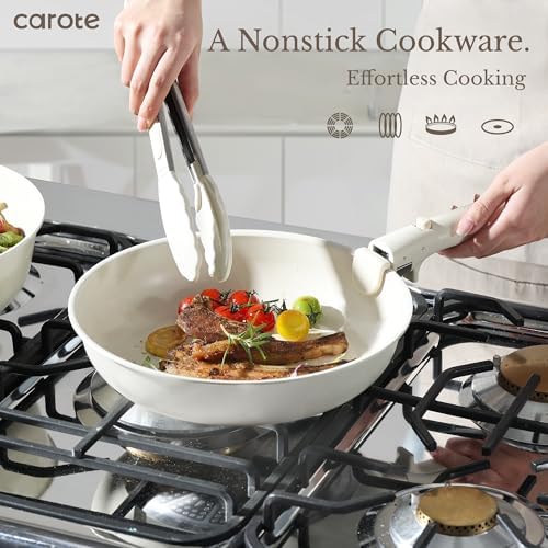 CAROTE 19pcs Pots and Pans Set Non Stick, Cookware Sets, Kitchen Set, Oven/Fridge Safe, Space Saving Pots Set, Nonstick Cooking Set with Versatile Detachable Handle, Induction RV Set, Cream White
