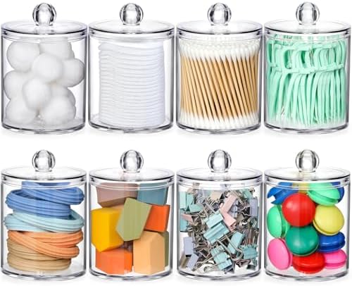 AOZITA 8 Pack Acrylic Qtip Holder Dispenser with Lids & Labels, Cotton Swab, Ball, Round Pads, Floss Picks Storage Canister - Clear Plastic Apothecary Jar for Bathroom Vanity Makeup Organizer