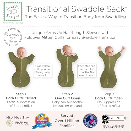 SwaddleDesigns Transitional Swaddle Sack, Arms Up Half-Length Sleeves & Mitten Cuffs, Swaddle for Newborn Transition to Baby Sleep Sack Wearable Blanket, Medium, 3-6 month, 14-21 lb, Heathered Jadeite