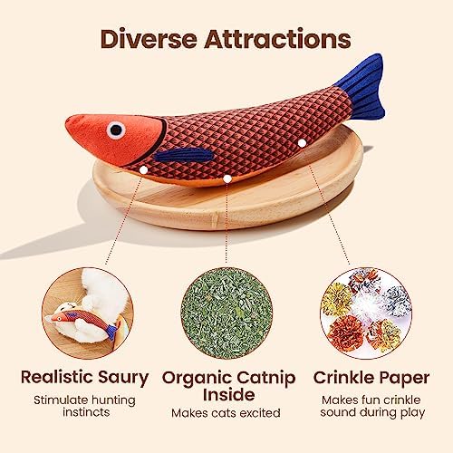 Potaroma Cat Toys Saury Fish, 3 Pack, Catnip Crinkle Sound, Soft and Durable, Interactive Kitten Kicker for Indoor Kitty Exercise 9.4 Inches for All Breeds