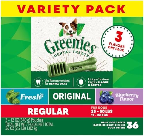Greenies Regular Dental Dog Treats, 3-Flavor Variety Pack, (3) 12 oz. Pouches, 36 Total Treats