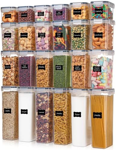 Airtight Food Storage Containers with Lids, Vtopmart 24 pcs Plastic Kitchen and Pantry Organization Canisters for Cereal, Dry Food, Flour and Sugar, BPA Free, Includes 24 Labels,Black