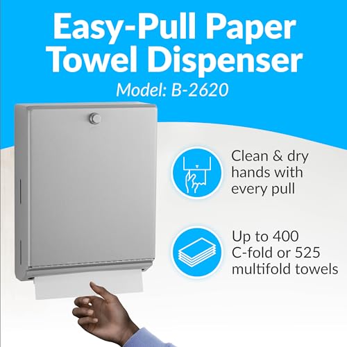 Bobrick B-2620 Surface Mounted Paper Towel Dispenser - Stainless Steel Commercial Bathroom Towel Dispenser with Knob-Latch 400 C-Fold or 525 Multifold Capacity