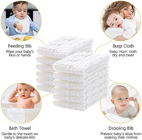 12 Pack Muslin Burp Cloths 100% Cotton Muslin Cloths Large 20''x10'' Extra Soft and Absorbent Baby Burping Cloth - White