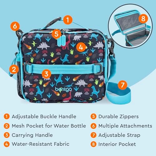 Bentgo Kids Lunch Bag - Double-Insulated, Reusable Lunch Bag for Kids 3+ with Adjustable Strap; Holds Lunch Box/Water Bottle/Snacks; Easy-Clean, Water-Resistant & Pockets (Dinosaur)