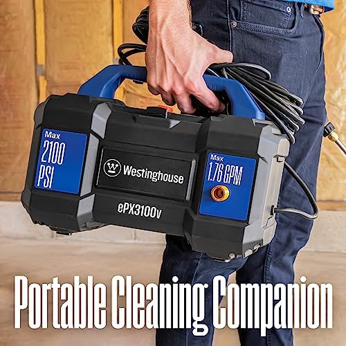 Westinghouse ePX3100v Electric Pressure Washer, 2100 Max PSI 1.76 Max GPM, Built-in Carry Handle, Detachable Foam Cannon, Pro-Style Steel Wand, 3-Nozzle Set, for Cars/Fences/Driveways/Home/Patios