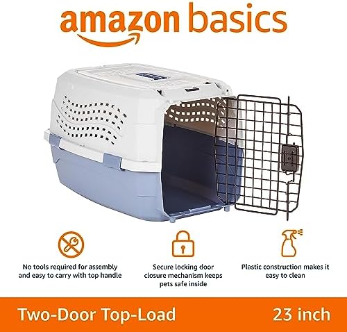 Amazon Basics 2-Door Top-Load Hard-Sided Dogs, Cats Pet Travel Carrier, Gray & Blue, 22.8"L x 15.0"W x 13.0"H