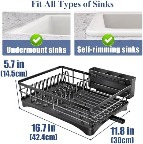 Dish Drying Rack for Kitchen Counter - Large Dish Rack with Drainboard, Rustproof Dish Drainer with Utensil Holder for Sink, Black