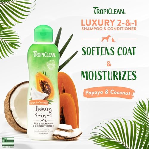TropiClean 2-in-1 Dog Shampoo and Conditioner, Moisturizing Dog Detangler, Puppy Safe, Made in the USA, Papaya Scent, Cat & Kitten Safe, 20oz.