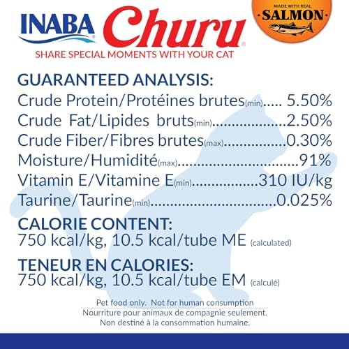 INABA Salmon Churu Cat Treats, Lickable, Squeezable Creamy Purée Cat Treat with Green Tea Extract & Taurine, 0.5 Ounces Each Tube, 20 Tubes, Salmon & Tuna Variety Box