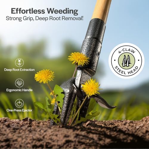 Weed Puller Tool, Stand Up Heavy Duty Weed Remover Tool with Long Handle, Foot Platform Design - 4 Claw Steel Head Weeder Tool, Bamboo Garden Hand Weeding Tool, Smoothly Remove Weeds Without Kneeling