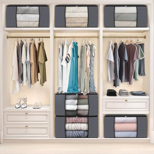 Fab totes 6 Pack Clothes Storage, Foldable Thick Fabric Blanket Storage Bags, Containers for Organizing Bedroom, Closet, Clothing, Comforter,Closet Organization with Handle,Grey