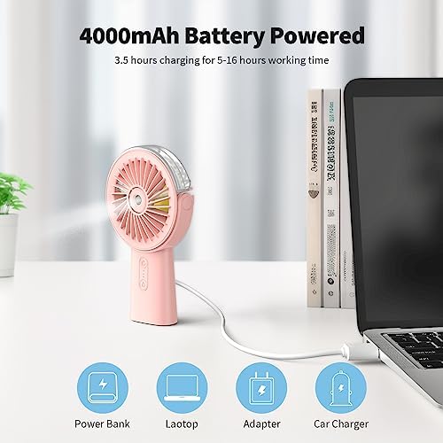 Otlonpe Handheld Misting Fan Portable, 4000mAh Rechargeable Small Personal Water Spray Hand Held Mist Fan Battery Operated, 90° Rotatable, Power Bank for Travel Home Office Men Women Kids (Pink)