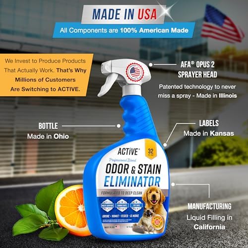 Pet Odor and Stain Eliminator - 32 oz ACTIVE Enzyme Cleaner for Dog & Cat Urine, Stain Remover Spray for Carpet, Upholstery, Hardwood, Spot Cleaning, Deodorizer for Dogs Cats Pets - Natural Citrus Oil