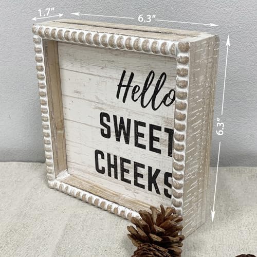 Boho Farmhouse Wooden Framed Bathroom Decor Signs, Funny Restroom Decorative Plaque Small Cute, Toilet Rules Shelf Decoration (Hello Sweet Cheeks)