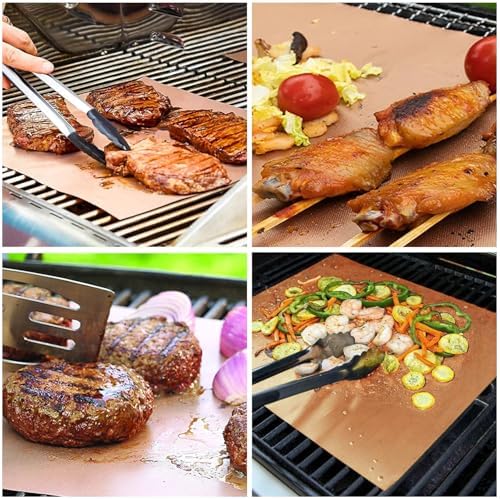 Renook Grill Mats for Outdoor Grill, Set of 6 Copper Grill Mat, Non-Stick and Reusable BBQ Copper Sheets for Gas Grilling Charcoal Electric Barbecue Cooking Accessories, PFOA Free, 15.75 X 13in