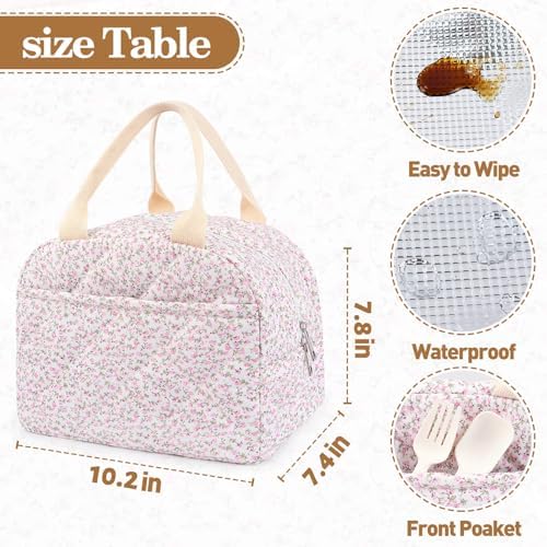 Cotton Quilted Insulated Lunch Bag, Cute Quilted Floral Lunch Tote Bags Reusable Insulated Lunch Box Coquette Aesthetic Large Capacity Insulated Cooler for Women Work Travel Picnic (Pink)