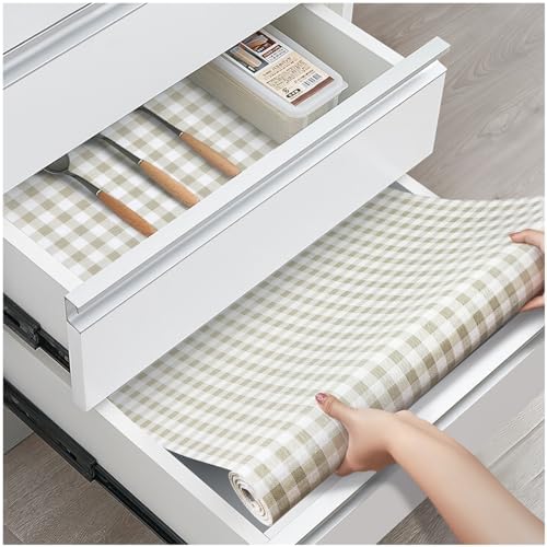 Drawer and Shelf Liner, Non-Slip Kitchen Cabinet Liners Non-Adhesive Thick Strong Grip Waterproof Washable Mats Protect Dresser Shelves Cupboard Bathroom Cabinets, Green Plaid, 12 in X 10 FT
