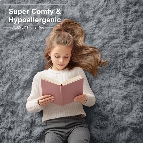 OLANLY Area Rugs for Living Room Bedroom, Machine Washable 4x5.9 ft Soft Fluffy Shaggy Bedside Rug, Indoor Floor Carpet for Kids Girls and Boys, Dorms, Nursery Rooms, Home Decor Aesthetic, Grey