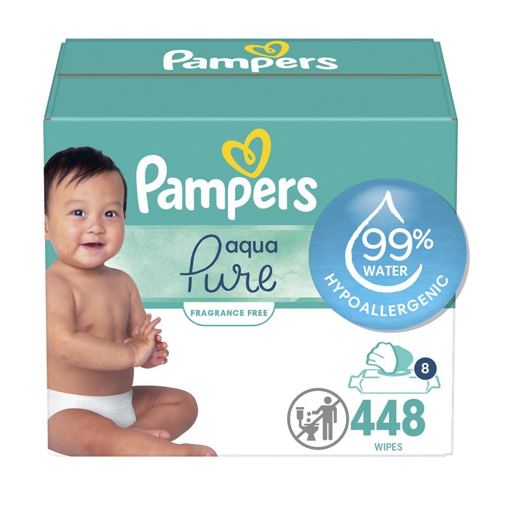 Pampers Baby Wipes Aqua Pure, 99% Water Based Wipes, Hypoallergenic and Unscented Infant Wipe, 448 Total (8 Flip-Top Packs)