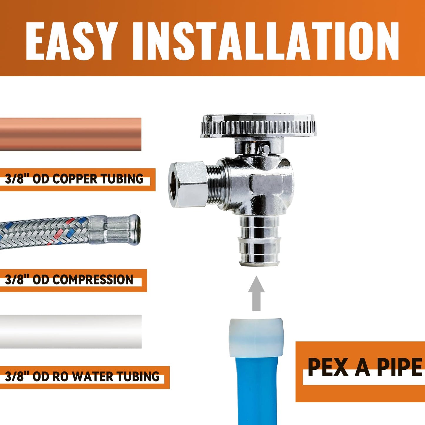 SUNGATOR 6-Pack Pex A Angle Stop Valve, 1/2" Pex A Expansion x 3/8" OD Compression, 1/4 Turn Chrome Plated Brass Shut Off Valve