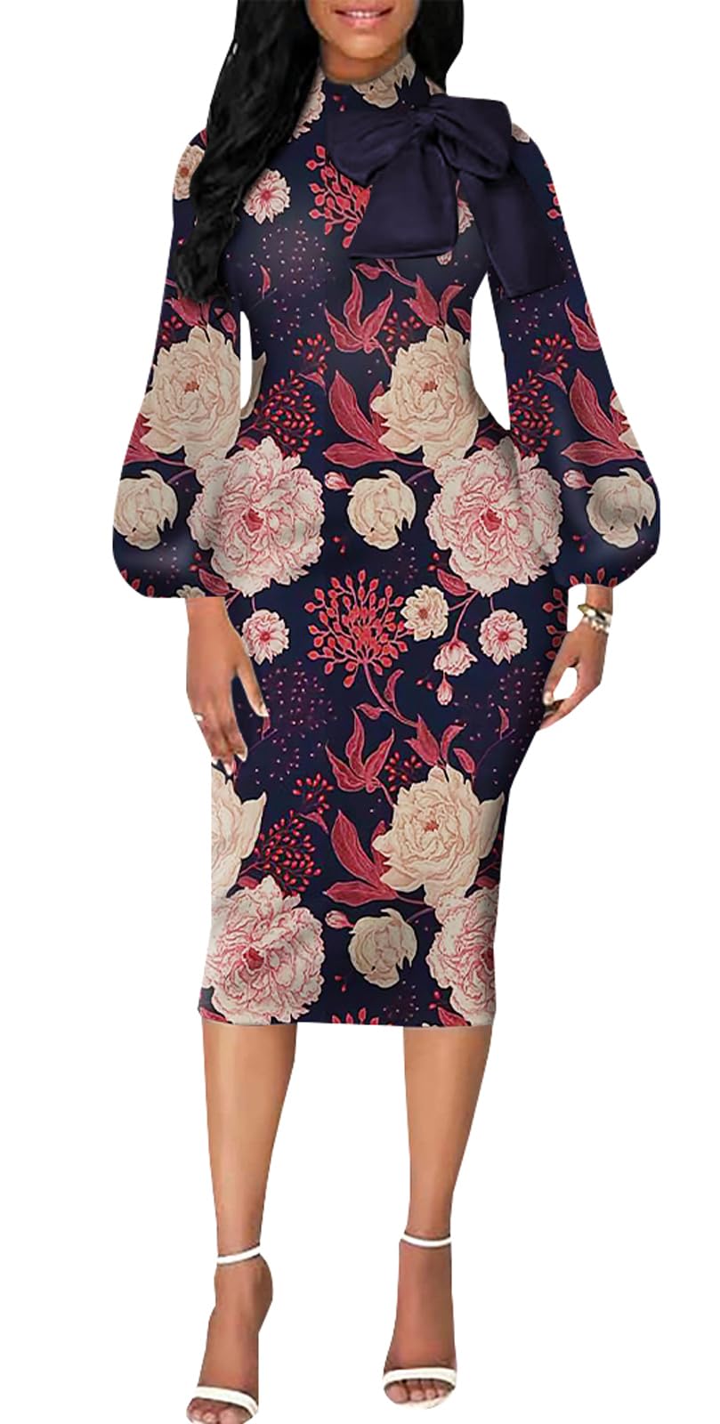 BestGirl Elegant Long Sleeve Dress for Women Bow Knot Bishop Sleeve Work Office Prom Bodycon Sexy Midi Dresses