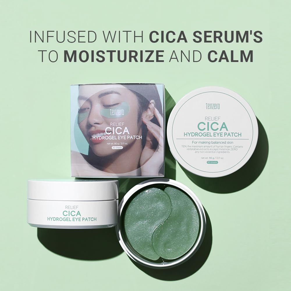 tenzero Relief Cica Hydrogel Eye Patch (60 pairs, 90g), Centella Treatments for Puffy Eye, Fine Lines, Soothing, Eye Puffiness Reducer, Hydrating Eye Pads, Korean Under Eye Masks Skincare
