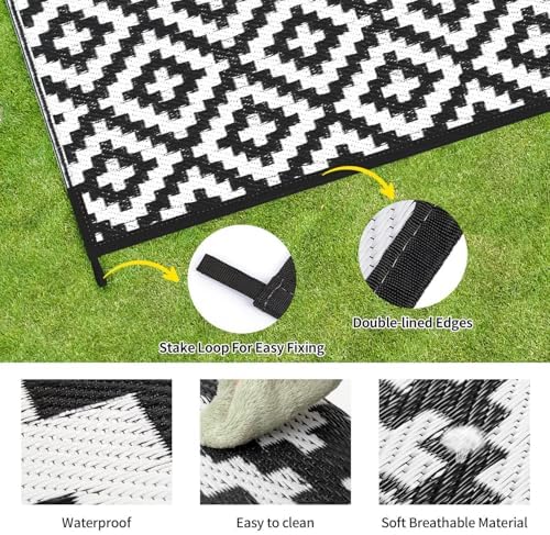 Outdoor Patio Plastic Straw Rug - 5x8 ft Outdoor Camping Rug Waterproof Reversible, Area Carpet Patios Clearance RV, Outside Porch Balcony Deck for Camper, Black & White