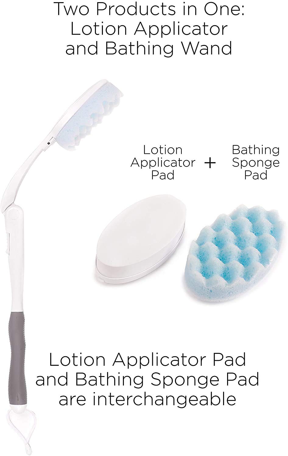 Juvo BWLA01 Premium All-in-One Wand Applicator, 23" Long Reach Handle, Adjustable, Includes Bath Sponge and Lotion Pad, 1 Count, White