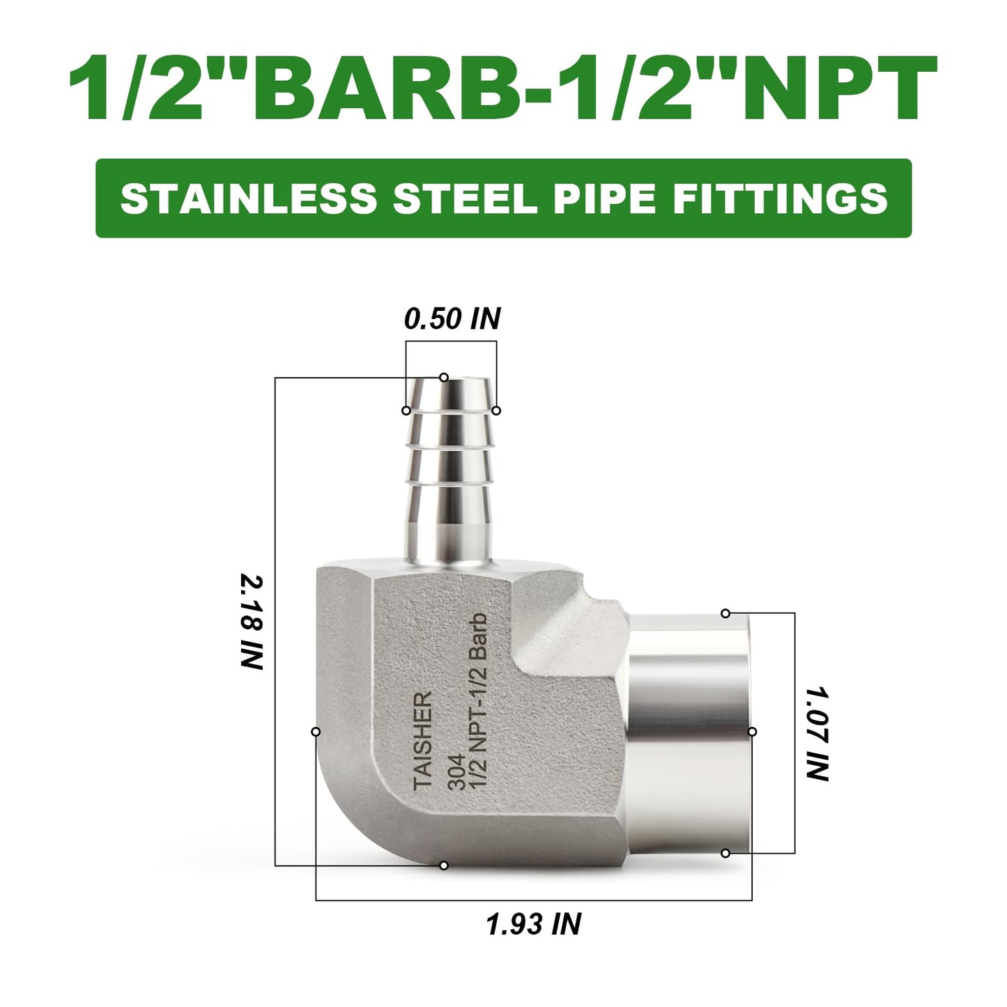 TAISHER 1PCS 304 Stainless Steel 90 Degree Elbow Hose Barb Fittings 1/2" Barb x 1/2" NPT Female for Fuel/AIR/Lquid/Gas with 1PCS Hose Clamp