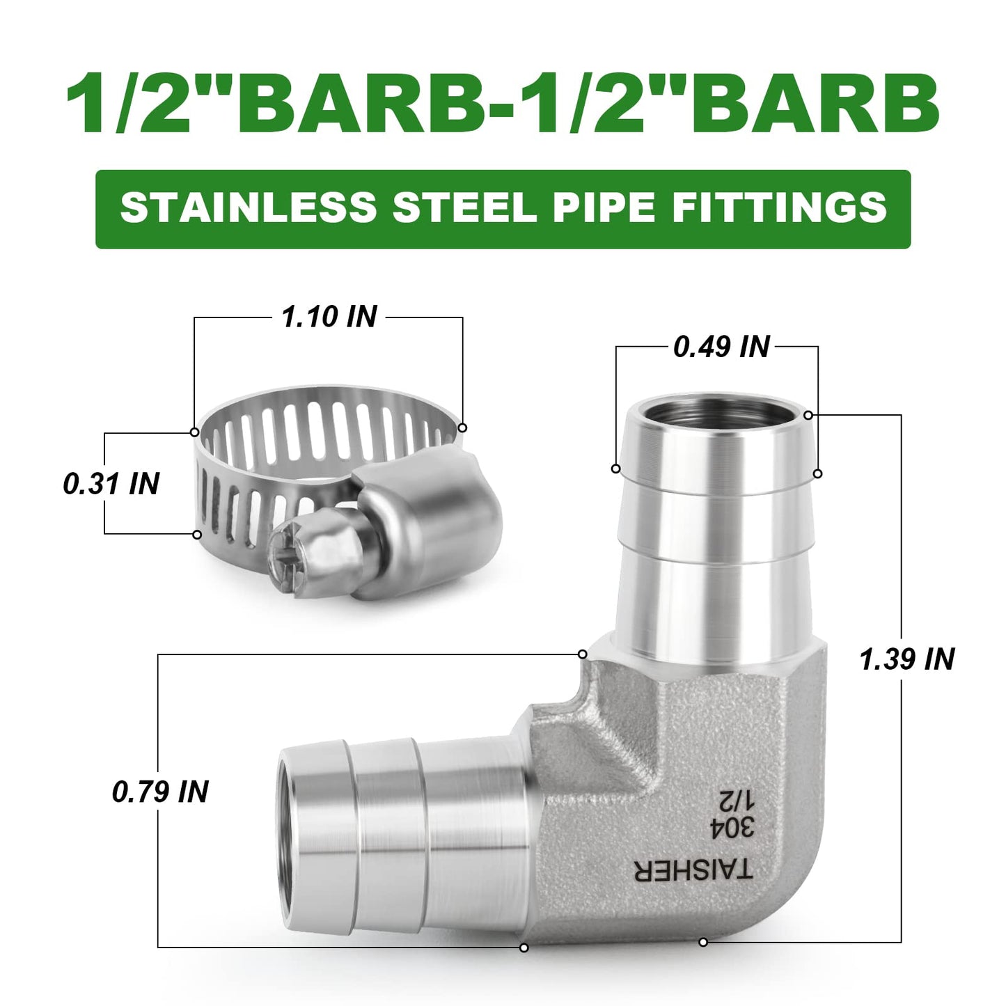 TAISHER 2PCS 304 Stainless Steel 90 Degree Elbow Hose Barb Fittings 1/2" Barb x 1/2" Barb for Fuel/AIR/Lquid/Gas with 4PCS Hose Clamp