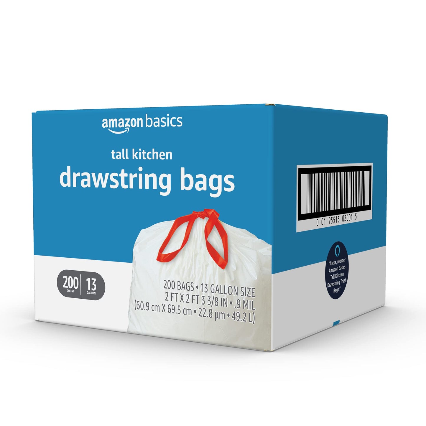 Amazon Basics Trash Bags, Tall Kitchen Drawstring, Unscented, 13 Gallon, 200 Count, Pack of 1