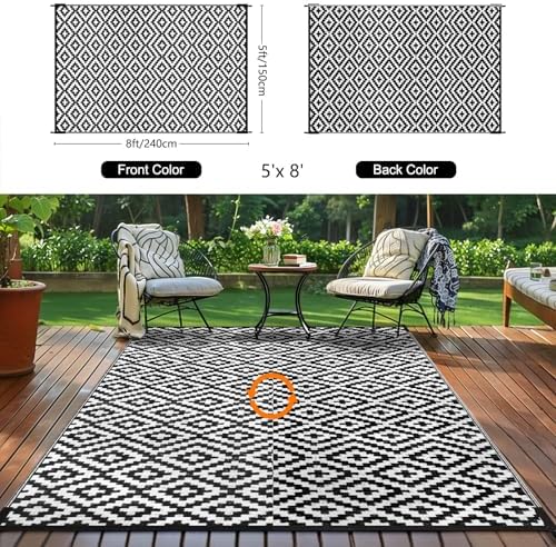 Outdoor Patio Plastic Straw Rug - 5x8 ft Outdoor Camping Rug Waterproof Reversible, Area Carpet Patios Clearance RV, Outside Porch Balcony Deck for Camper, Black & White
