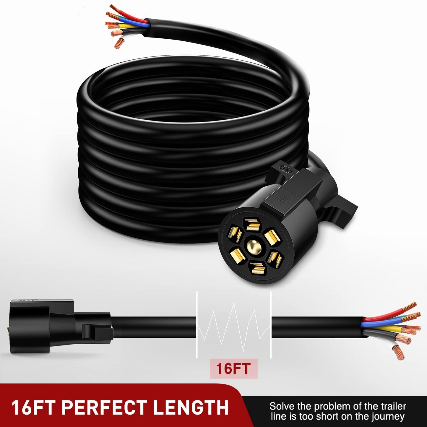 Nilight 7Way 16FT 7 Way Trailer Extension Cord Heavy Duty Plug Inline Cord 16 FT for Truck Camper Blade Molded RV Cable Wire Weatherproof Corrosion Resistant 7 Pin Trailer Plug Wire Harness