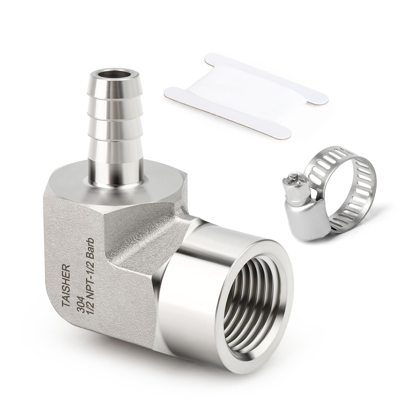 TAISHER 1PCS 304 Stainless Steel 90 Degree Elbow Hose Barb Fittings 1/2" Barb x 1/2" NPT Female for Fuel/AIR/Lquid/Gas with 1PCS Hose Clamp