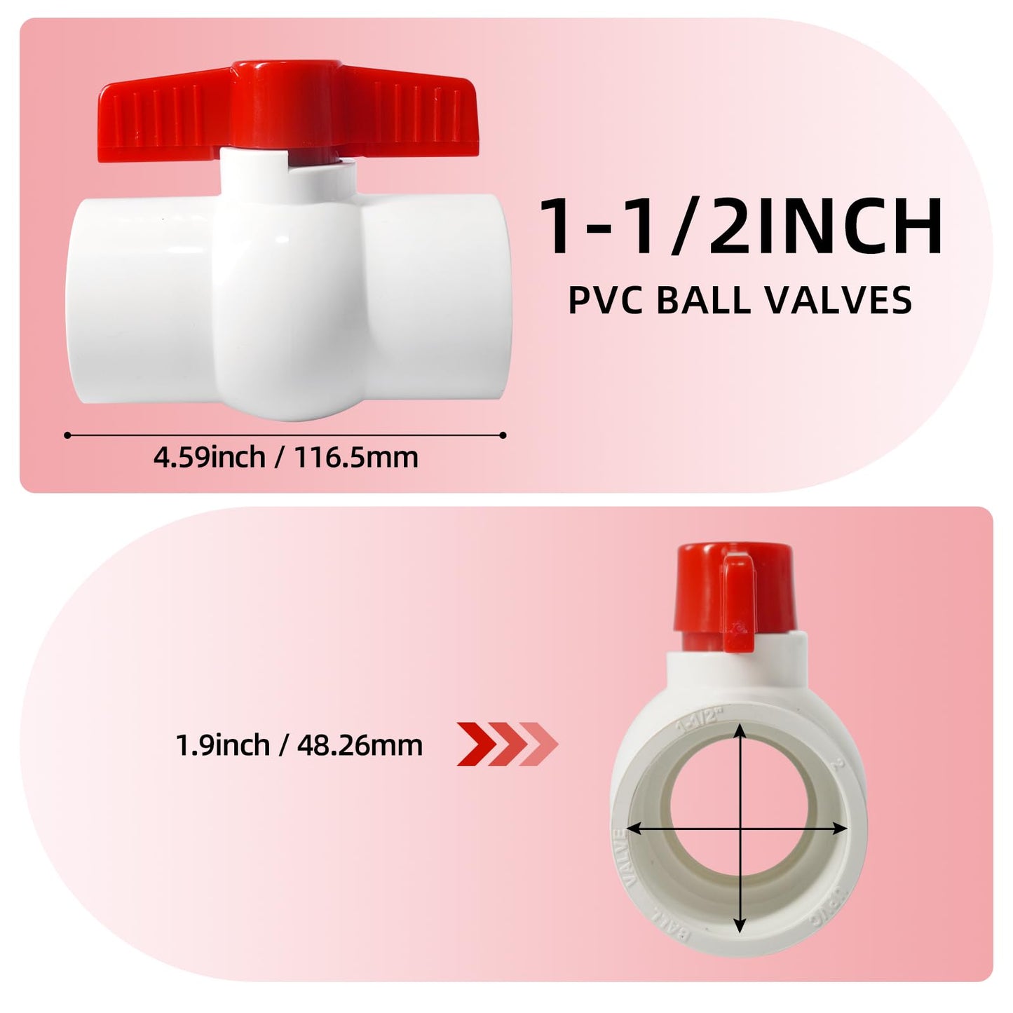 YADIAN 2 Pack 1-1/2'' PVC Ball Valves, T-handle Water Shut-Off Ball Valve Socket (Slip), PVC Valve 1-1/2 inch for Water Project, Swiming Pool, Sewage Pump, Irrigation System, Rated at 150 PSI, Socket
