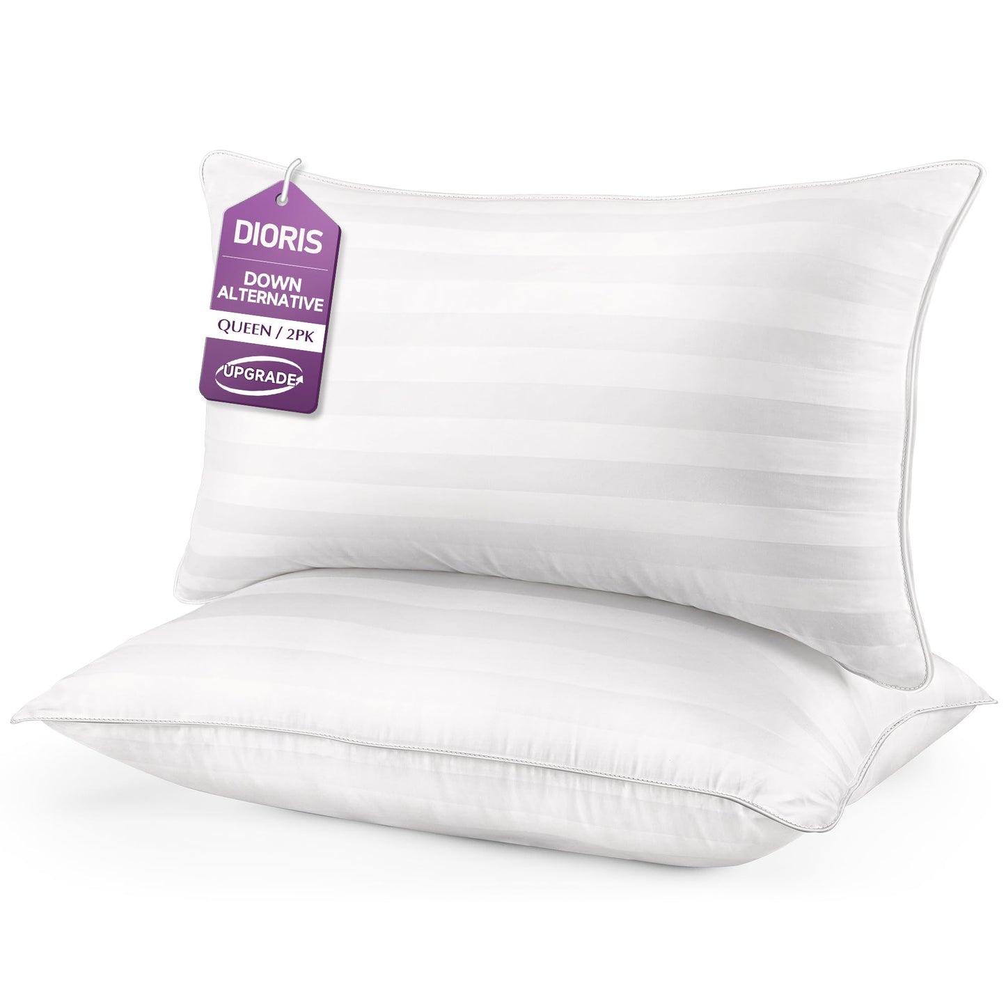 DIORIS Pillows Queen Size Set of 2 - Luxury Hotel Bed Pillows for Sleeping, Supportive Side Sleeper Pillow for Neck and Shoulder Pain Relief, Down Alternative Fill for Back, Stomach Sleepers