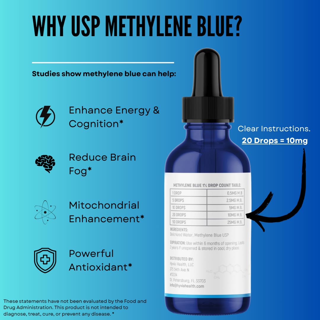 Methylene Blue 1% Value Size USP Pharmaceutical Grade For Humans - 99.99% Purity - Third-Party Tested, ISO-Certified, Formaldehyde & Alcohol Free Liquid Drops - 4fl oz (118mL) with Dropper