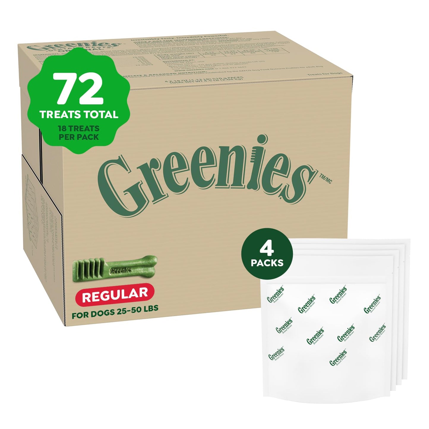 Greenies Original Regular Dental Dog Treats, (4) 18 ct Packs (72 Treats Total)