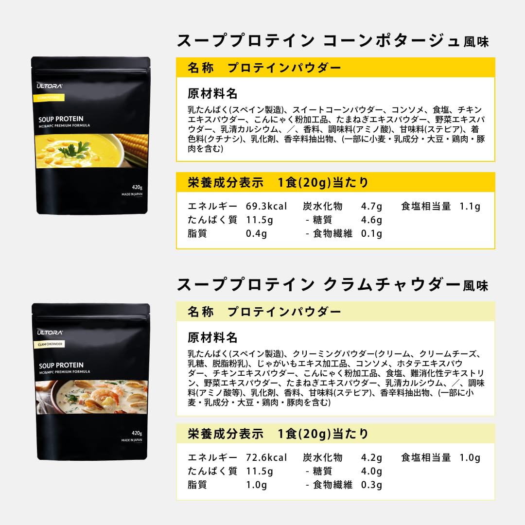 ULTORA スーププロテイン 420g 人工甘味料不使用 国内製造 お湯を注ぐだけ 簡単調理 30日分 (コーンポタージュ)