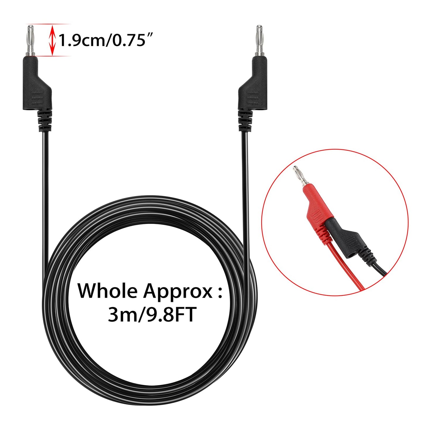 Sumnacon 5Pcs Banana to Banana Plug Test Lead, 4mm Stackable Banana Plug Wire Test Cable Lead for Multimeter, Electrical Test Wire 1000V/15A 9.8 Ft/3M