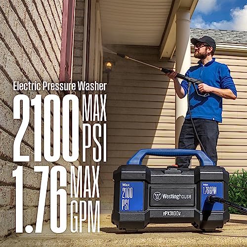 Westinghouse ePX3100v Electric Pressure Washer, 2100 Max PSI 1.76 Max GPM, Built-in Carry Handle, Detachable Foam Cannon, Pro-Style Steel Wand, 3-Nozzle Set, for Cars/Fences/Driveways/Home/Patios