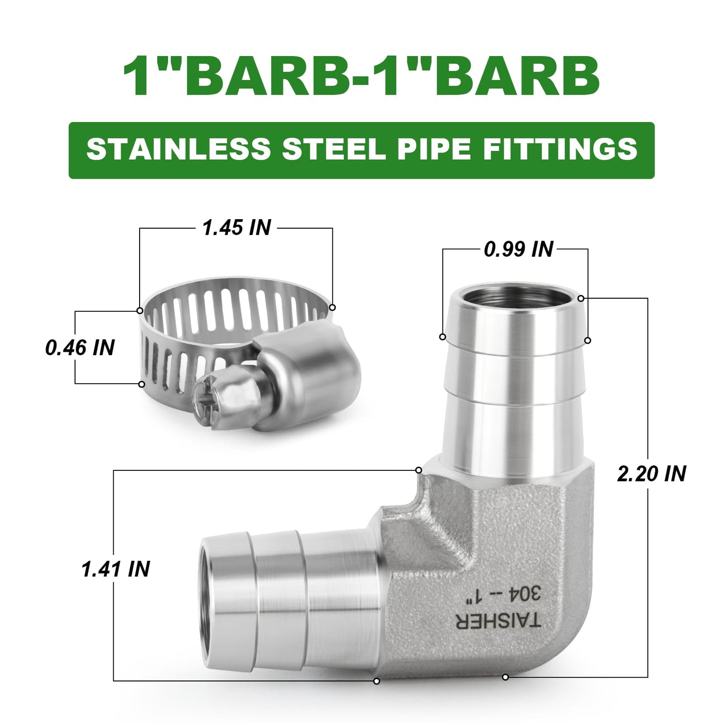 TAISHER 1PCS 304 Stainless Steel 90 Degree Elbow Hose Fitting - 1" Barb x 1" Barb for Fuel/Air/Liquid/Gas with 2PCS Hose Clamp
