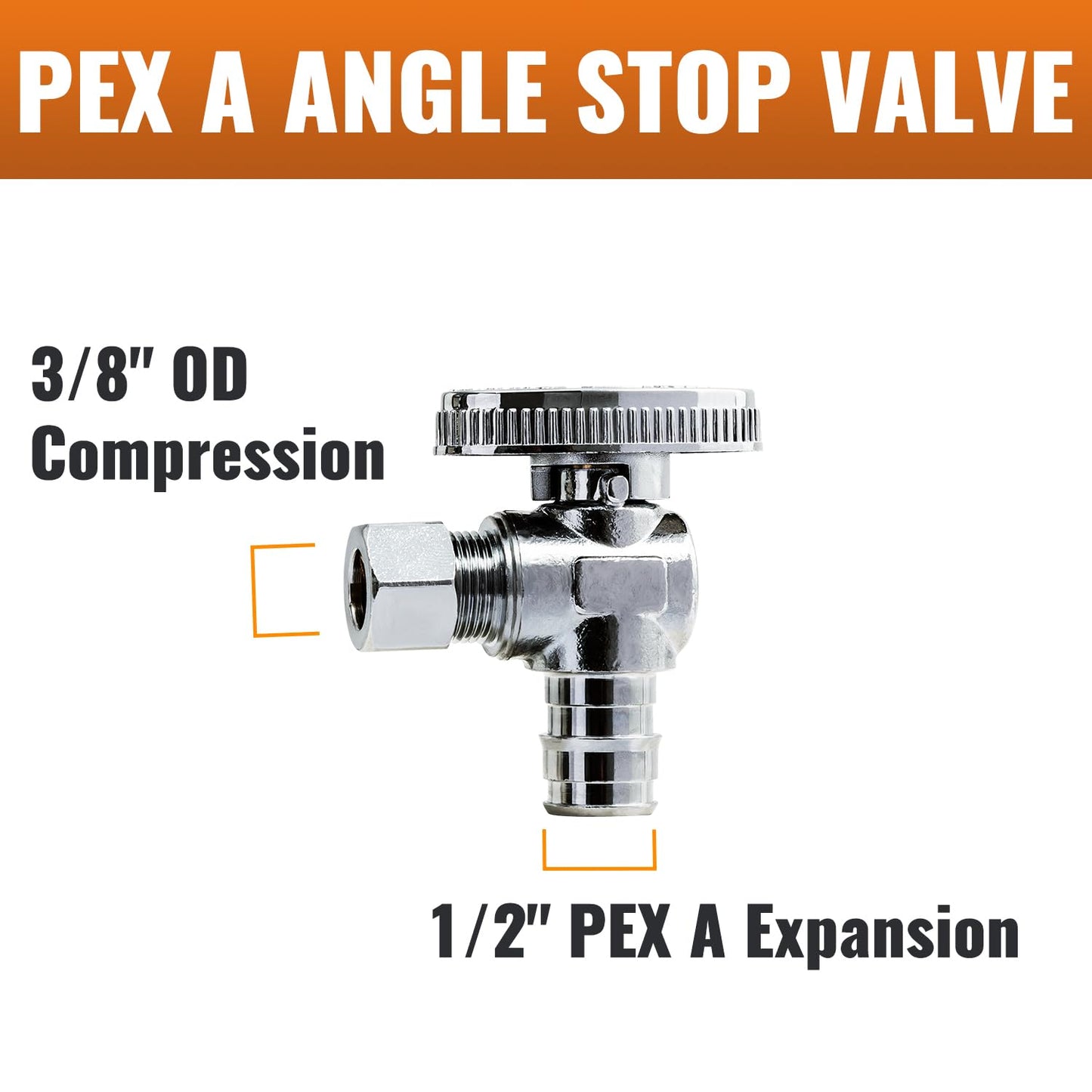 SUNGATOR 6-Pack Pex A Angle Stop Valve, 1/2" Pex A Expansion x 3/8" OD Compression, 1/4 Turn Chrome Plated Brass Shut Off Valve