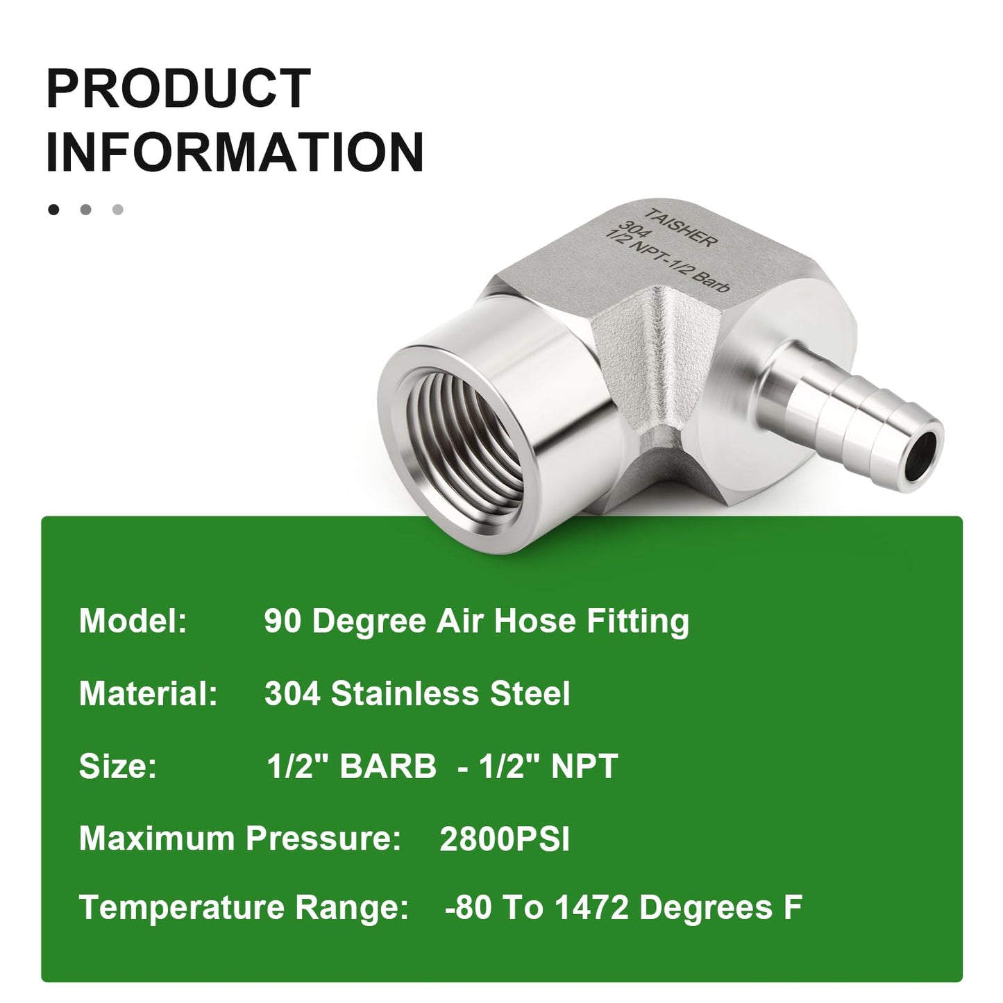 TAISHER 1PCS 304 Stainless Steel 90 Degree Elbow Hose Barb Fittings 1/2" Barb x 1/2" NPT Female for Fuel/AIR/Lquid/Gas with 1PCS Hose Clamp