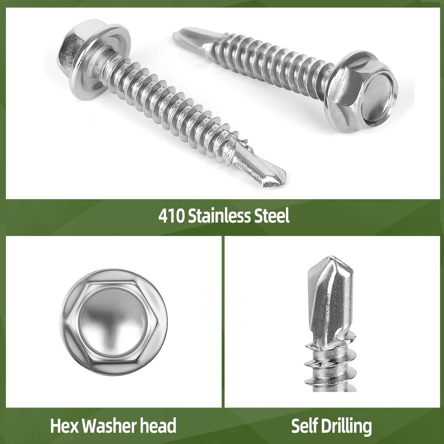 #12 x 2 (100 PCS) Sheet Metal Screws, Hex Washer Head Self Drilling Screw, 410 Stainless Steel Flanged Fast Self Tapping Screws, Hex Bit Socket Included