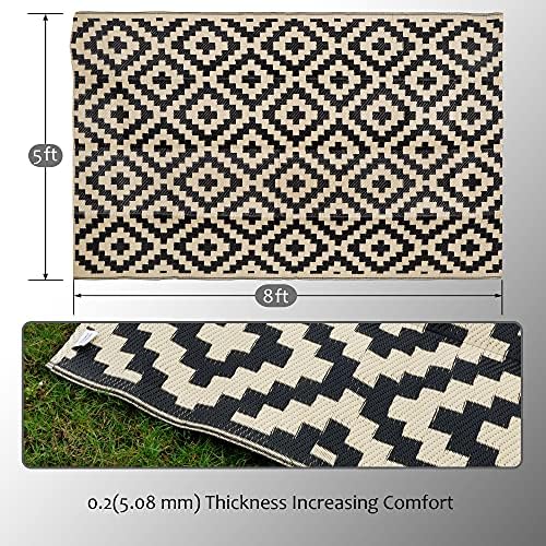 SAND MINE Waterproof Outdoor Rug 5x8 ft, Plastic Reversible Rug, Modern Area Rug, Large Floor Mat for Outdoors, RV, Patio, Backyard, Deck, Picnic, Beach, Camping, Black & Beige